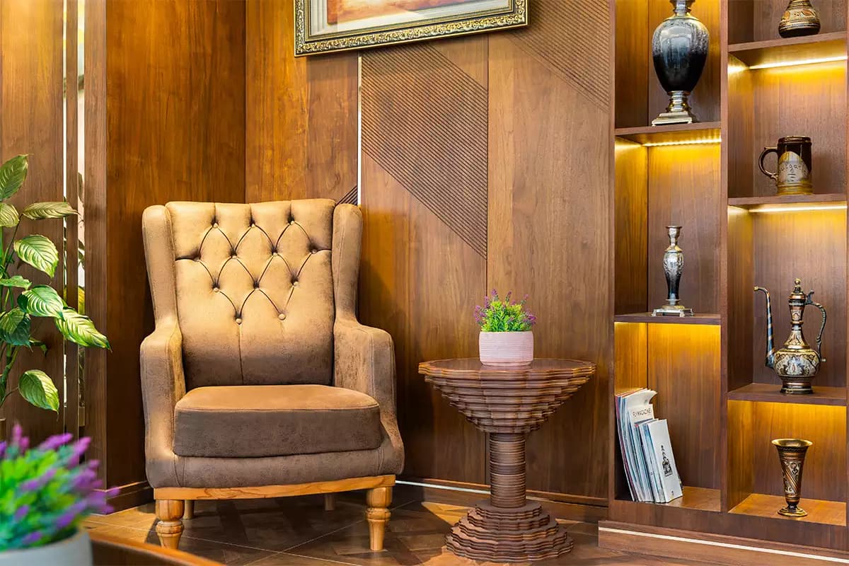 Armchair and shelves in the library corner