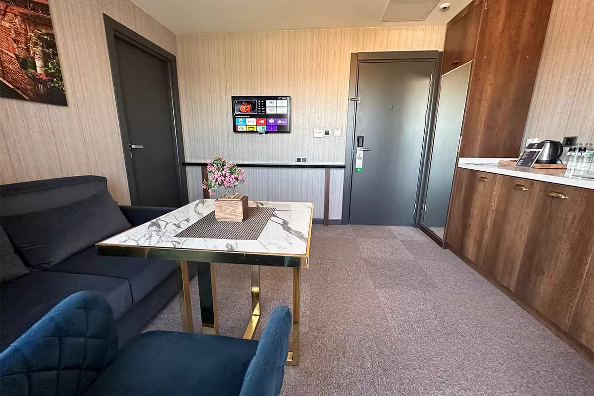 Seating area of a guest room