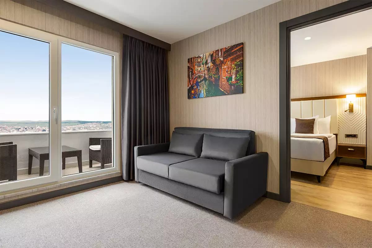 Seating area of a guest room