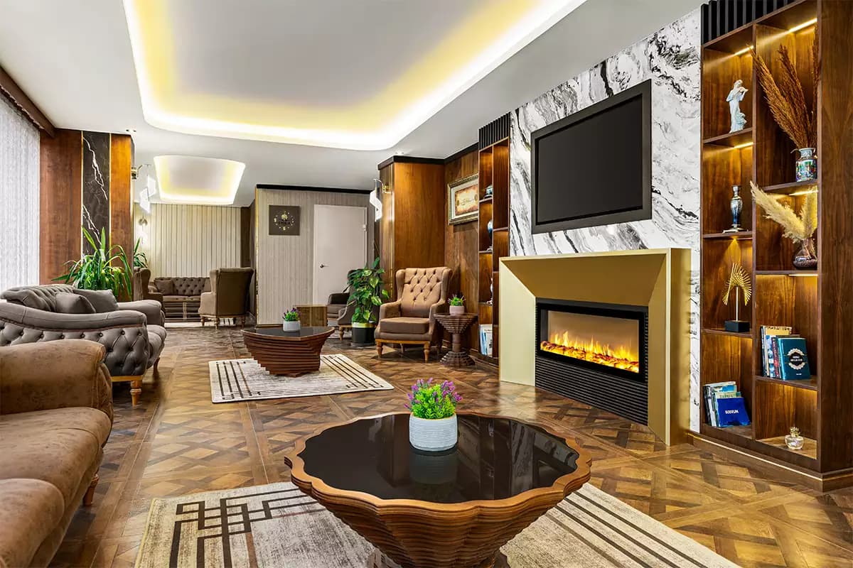 Lobby seating area with a fireplace